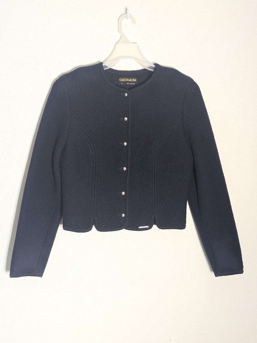 Geiger Tyrol Austria Womens Cardigan Sweater 100% Boiled Wool Quiet Luxury Large